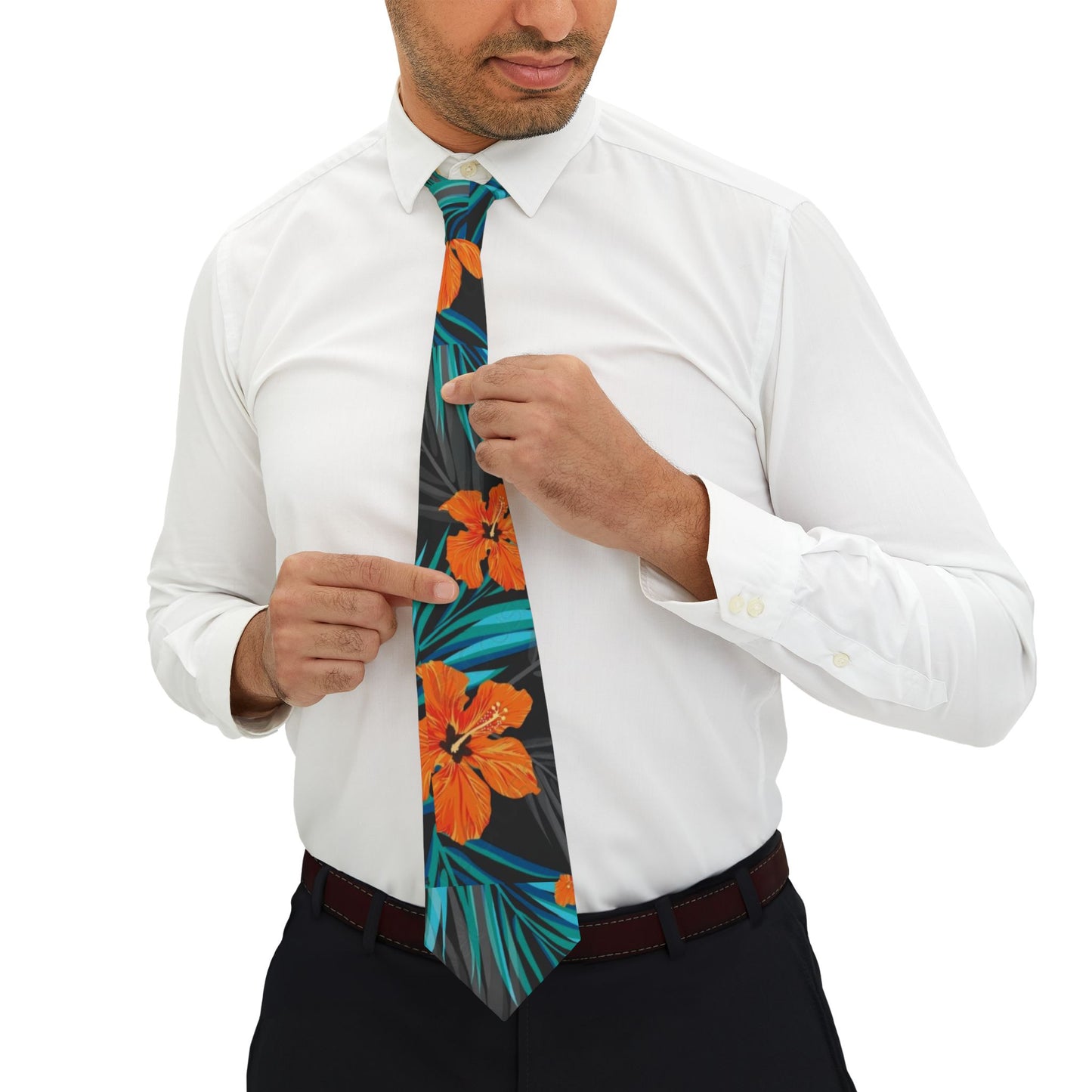 Tropical Hibiscus Necktie — Orange Floral Slim Tie for Summer Weddings & Hawaiian Parties