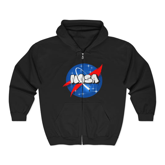 NASA Logo Zip Hoodie — Retro Space Graphic Full-Zip Hooded Sweatshirt