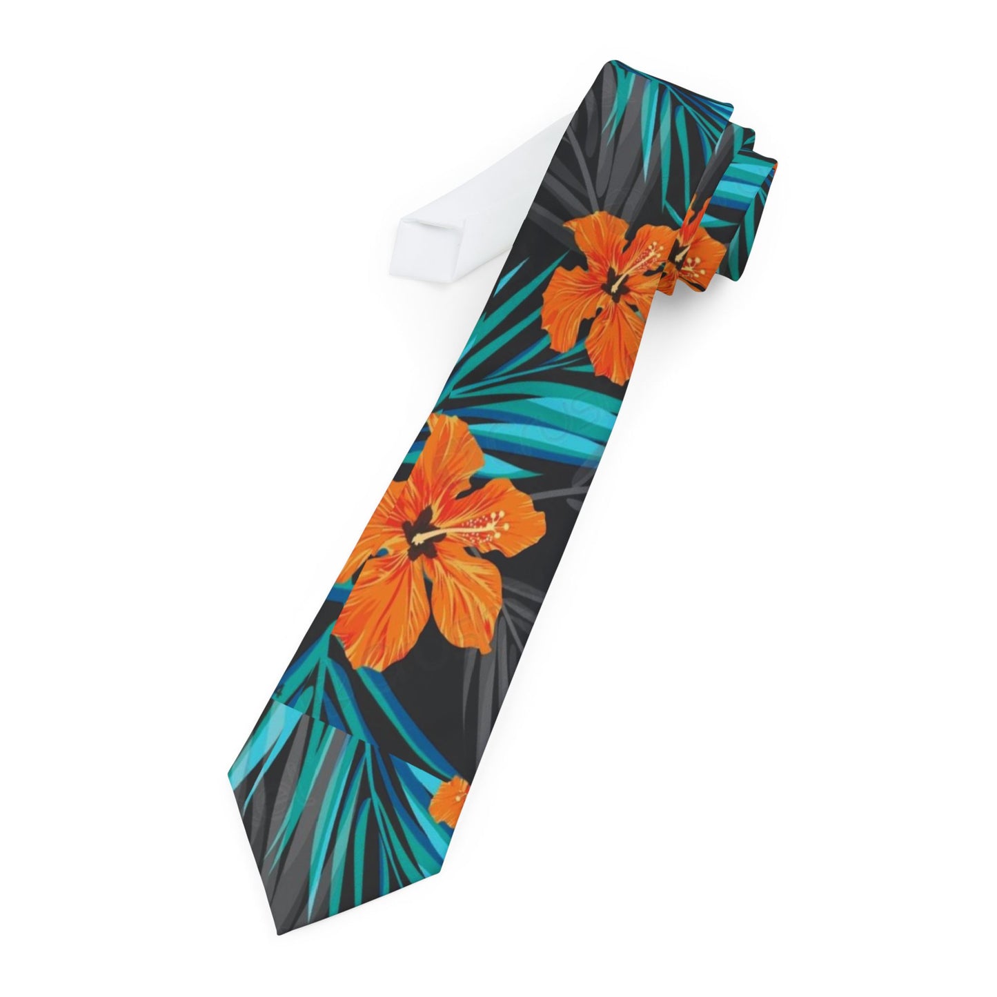 Tropical Hibiscus Necktie — Orange Floral Slim Tie for Summer Weddings & Hawaiian Parties